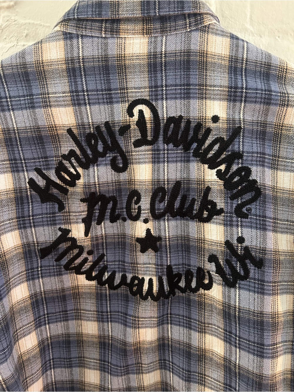 Harley-Davidson Blue and Cream Plaid Button-Down Shirt with Embroidered Back